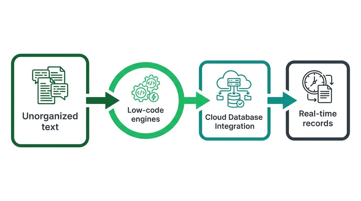 Process diagram showing unorganized text converted into structured database records using low-code engines.