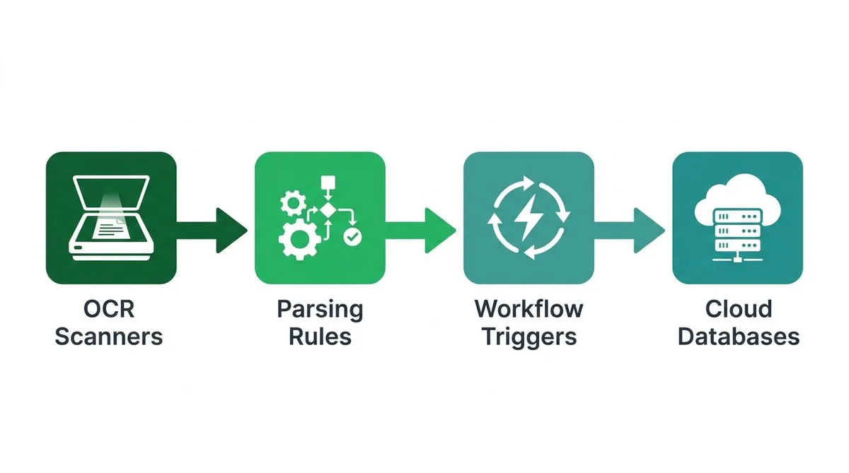 A diagram showing data moving through parsing rules and OCR scanners to cloud databases.