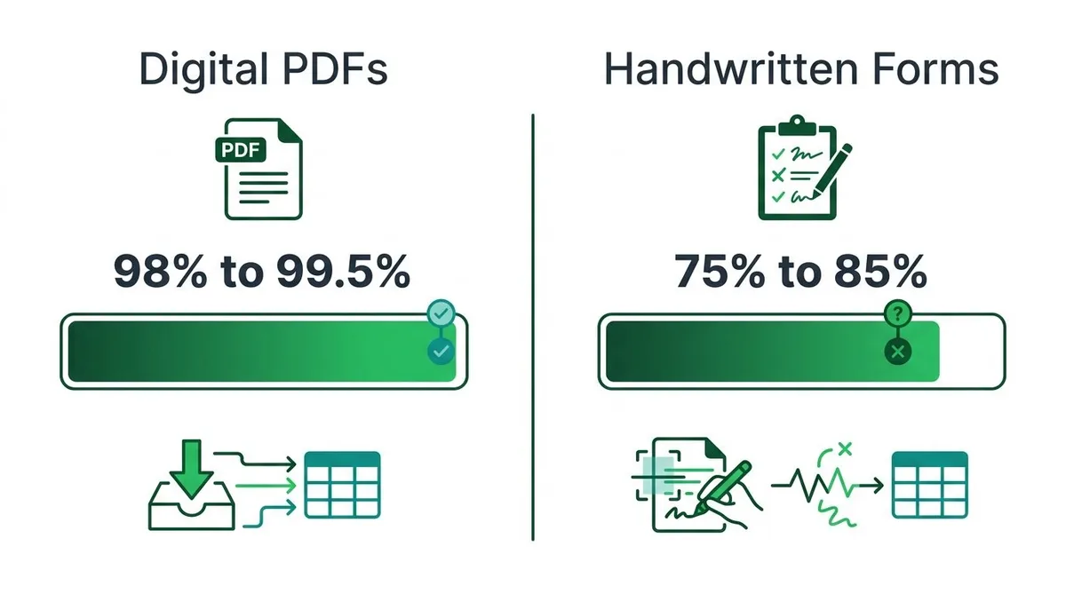 An infographic comparing extraction accuracy rates for digital PDFs versus handwritten forms.