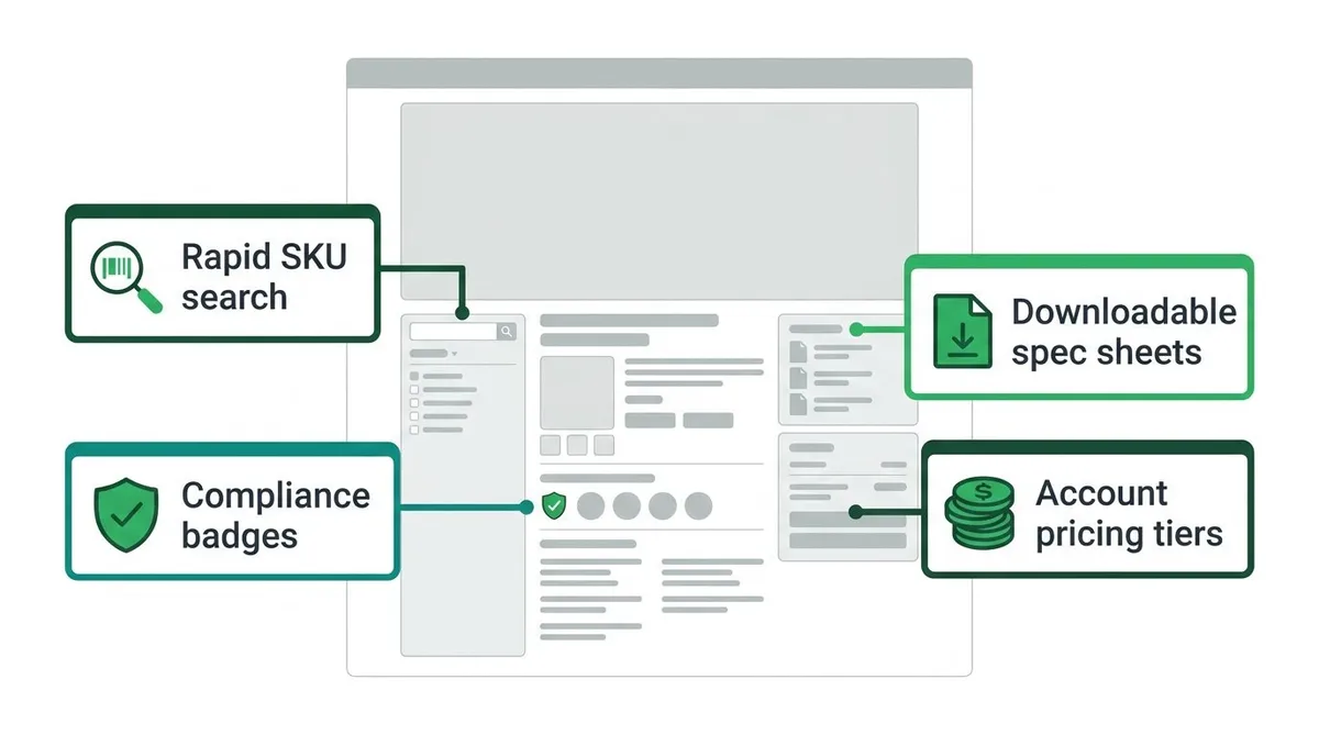 Diagram showing key B2B distributor catalog features including search, badges, spec sheets, and pricing.