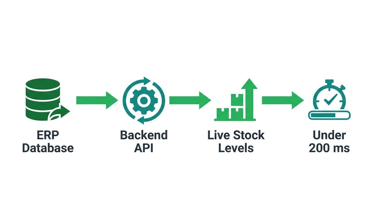 Flowchart displaying data sync from an ERP system to a website catalog within 200 milliseconds.
