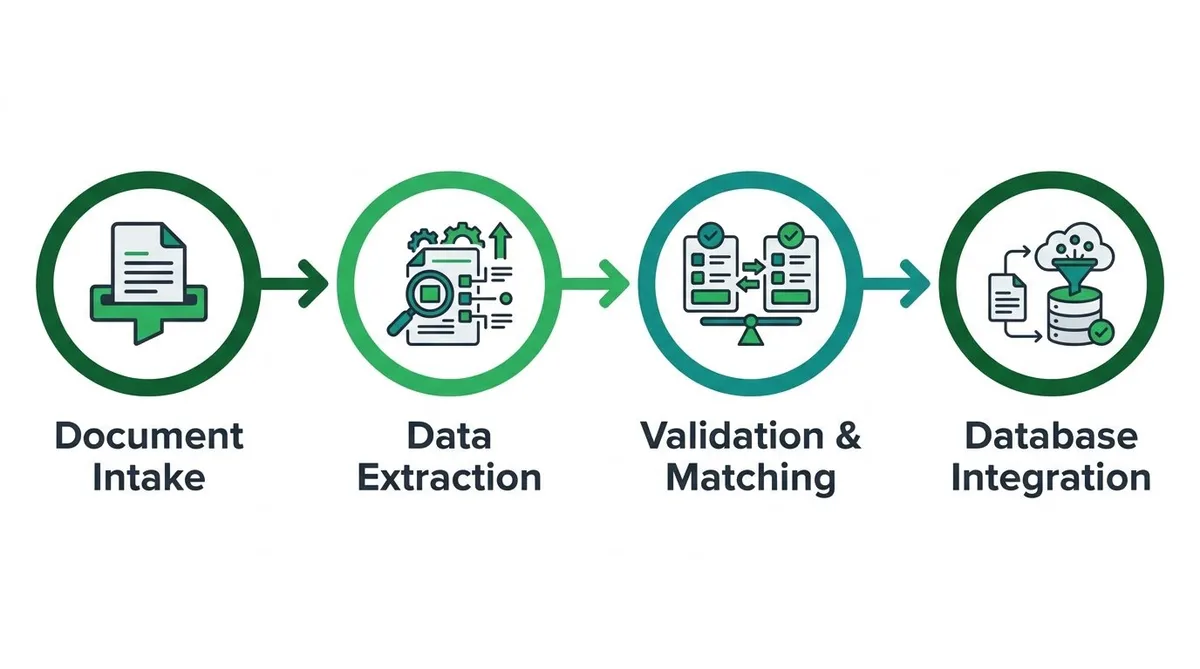 A four-step diagram illustrating document intake, data extraction, validation, and database integration.