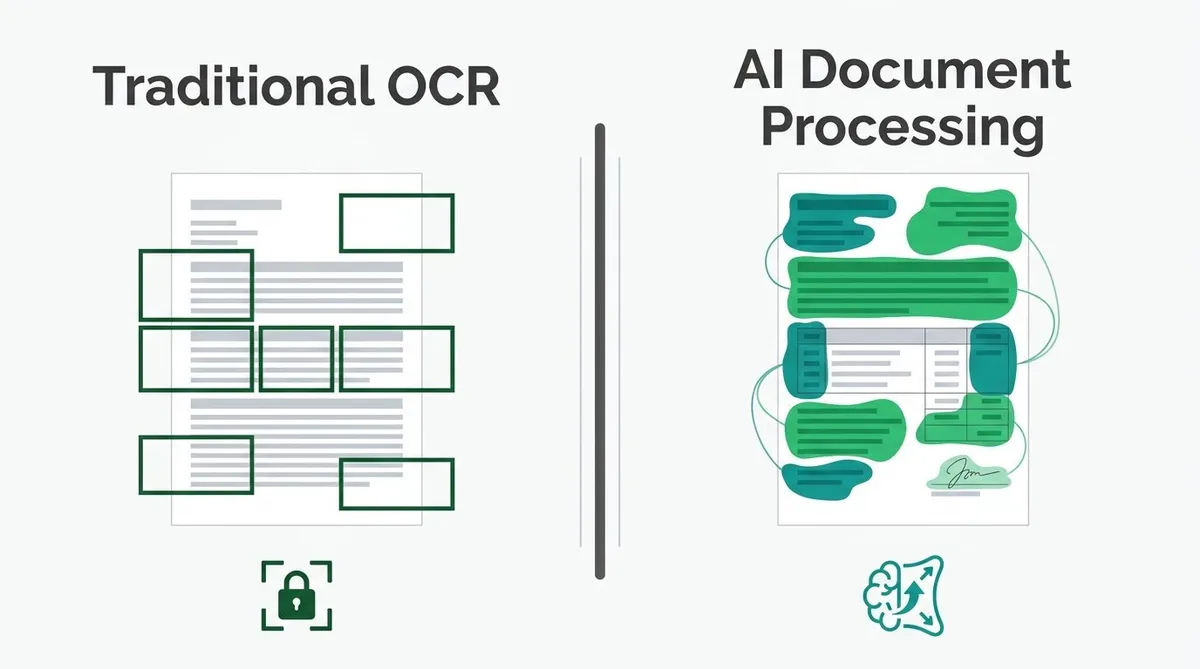 A comparison diagram showing rigid template OCR versus flexible AI document extraction.