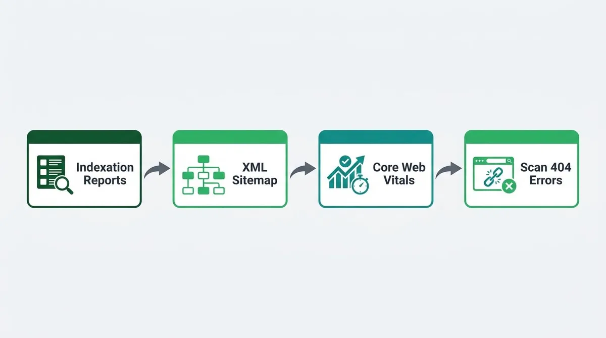 Flowchart outlining four sequential steps for auditing core technical SEO infrastructure.