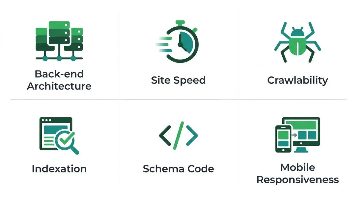 Diagram listing six key components of a local service business technical SEO audit.